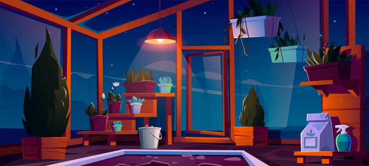 無料Vector 植物、木、花の夜のガラス温室。