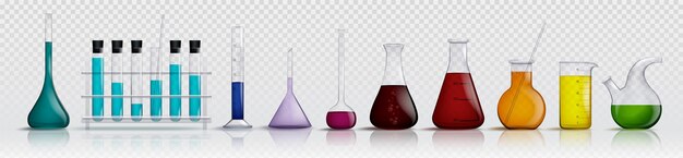 Glass laboratory chemical measuring flasks and test tubes with colorful liquids in realistic vector illustration set Lab glassware and containers with chemicals Scientific or medical equipment