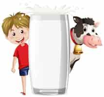 Free vector a glass of milk with cartoon character