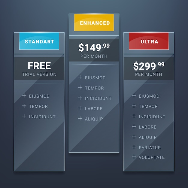 Free vector glass pricing table template. tariff and buy, offer commercial