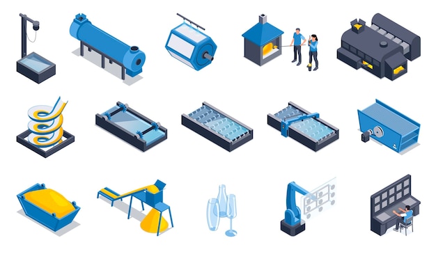 Free vector glass production isometric color set of equipment for fine cleaning sand filtration and washing wacuum lift isolated vector illustration