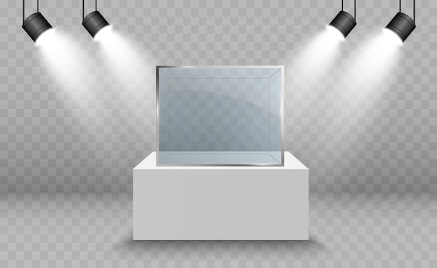 Glass showcase for the exhibition in the form of a cube background for sale illuminated