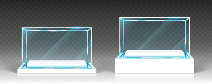 Free Vector glass showcases, display, exhibit stand, transparent boxes front view on white wood or plastic base. crystal block, exhibition or award podium, isolated glossy object, realistic 3d vector illustration