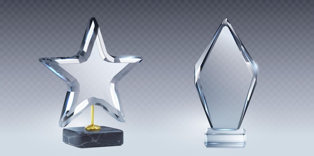 Free vector glass trophy star and rhombus mockup with empty transparent acrylic shape on base realistic vector set of plexiglass award for sport competition winner or business achievement and recognition prize