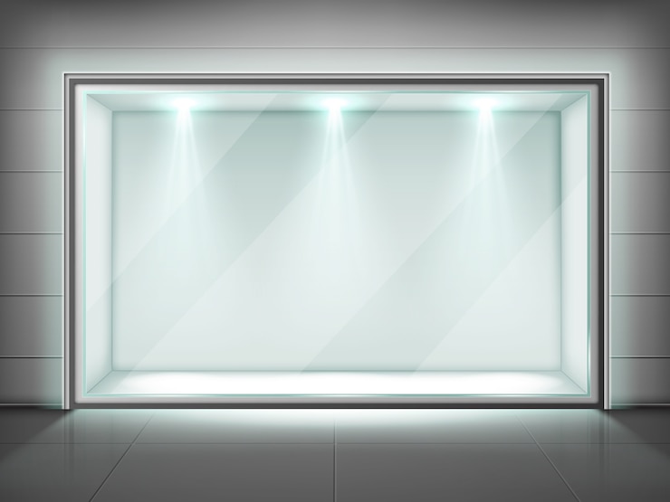 Free Vector glass wall frame, transparent showcase with light
