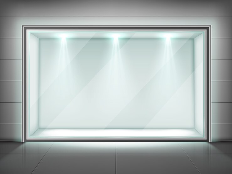 Free Vector glass wall frame, transparent showcase with light