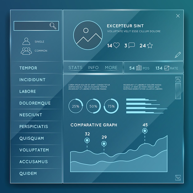 Glass website elements templates vector set. Element design button, internet chart and graph