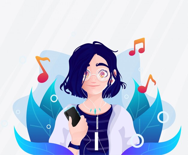 携帯電話を保持している女の子と音楽を聴くイヤホン屋外イラスト プレミアムベクター