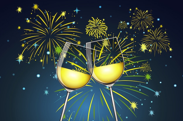 Бесплатное векторное изображение Бокала шампанского и фейерверк фона
