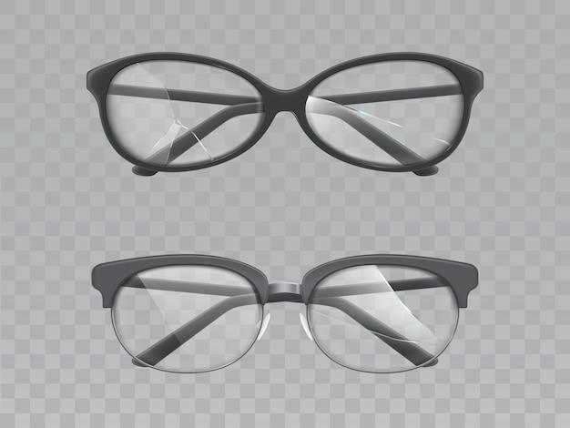 Glasses with broken lenses realistic vector set