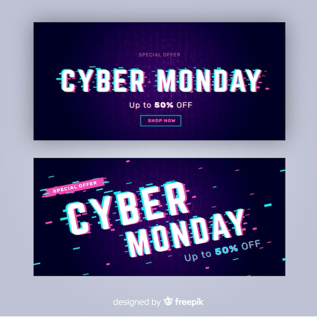 Free vector glitch effect cyber monday banners template