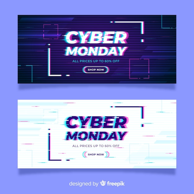 Free vector glitch effect cyber monday banners template