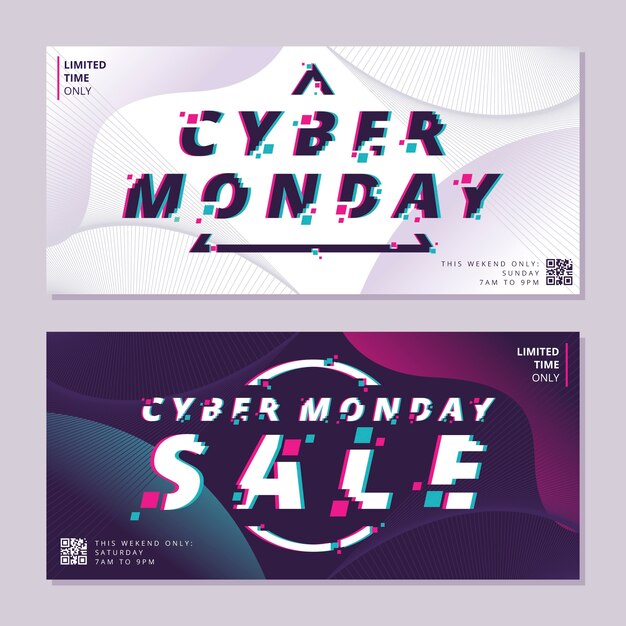 Free vector glitch effect cyber monday banners template