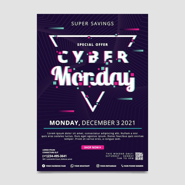 Glitch effect cyber monday flyer template