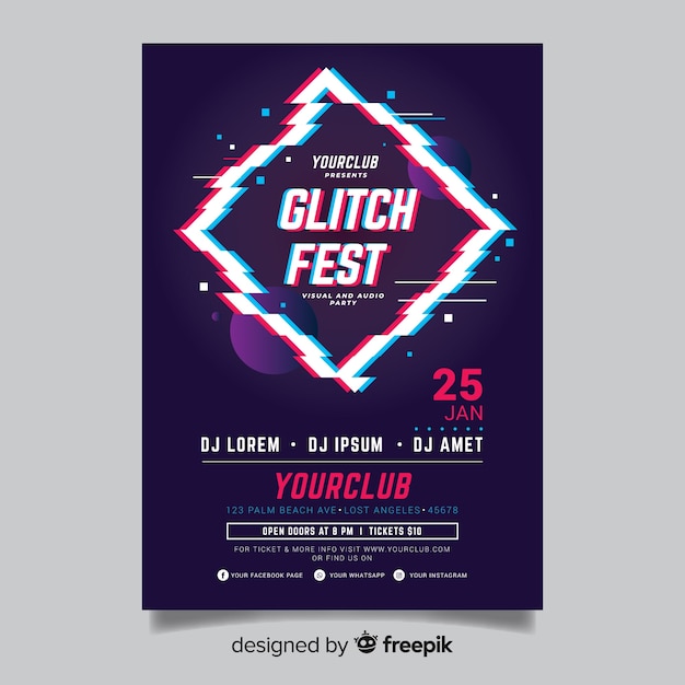 Glitch effect electronic music flyer template
