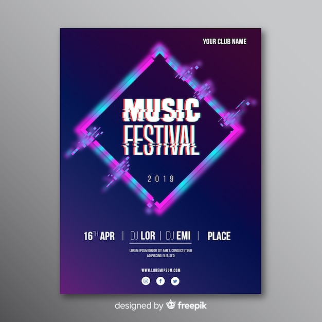 Glitch music festival poster template