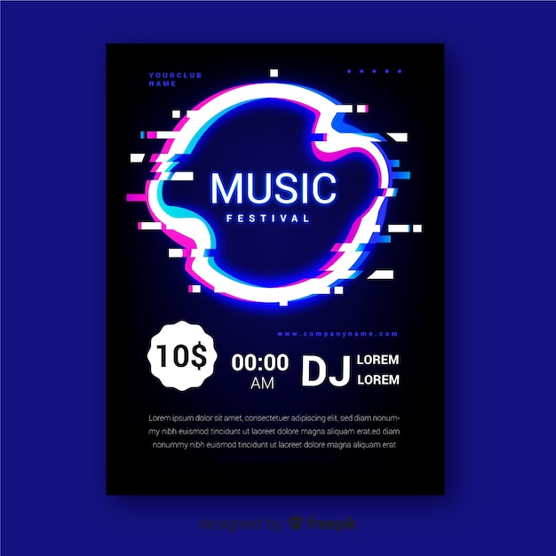 Бесплатное векторное изображение Шаблон плаката музыкального фестиваля glitch