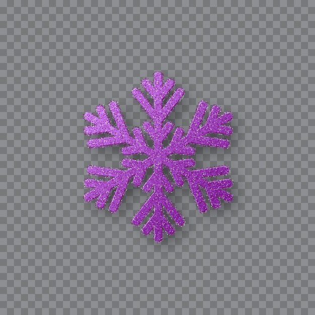 Glitter violet snowflake. Christmas decorative design element. Decoration for New Year holidays. Isolated on transparent background. Vector illustration.