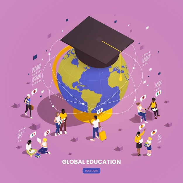 Composizione isometrica di scambio di studenti di educazione globale con immagine concettuale della terra con connessioni e illustrazione vettoriale del cappello accademico