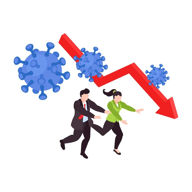Global financial crisis isometric concept with people running in panic coronavirus bacteria and falling arrow