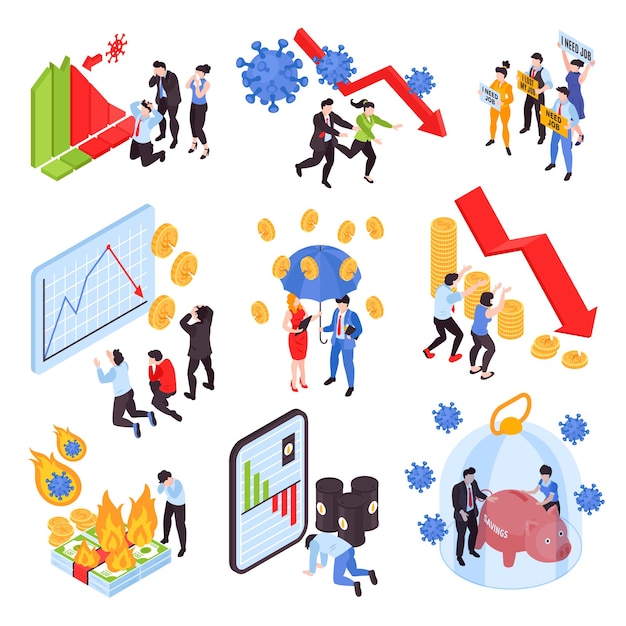 Free vector global financial crisis isometric icons set with stock market graphs and frustrated people isolated on white background 3d vector illustration