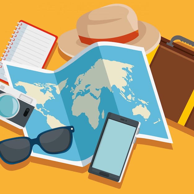 帽子と荷物の旅を含むグローバルマップ
