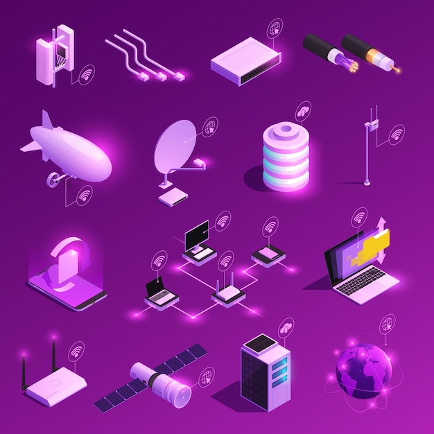 Global network isometric glowing icons of equipment for internet technology isolated on purple