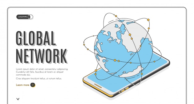 Pagina di destinazione isometrica della rete globale o modello di banner. telefono di terra