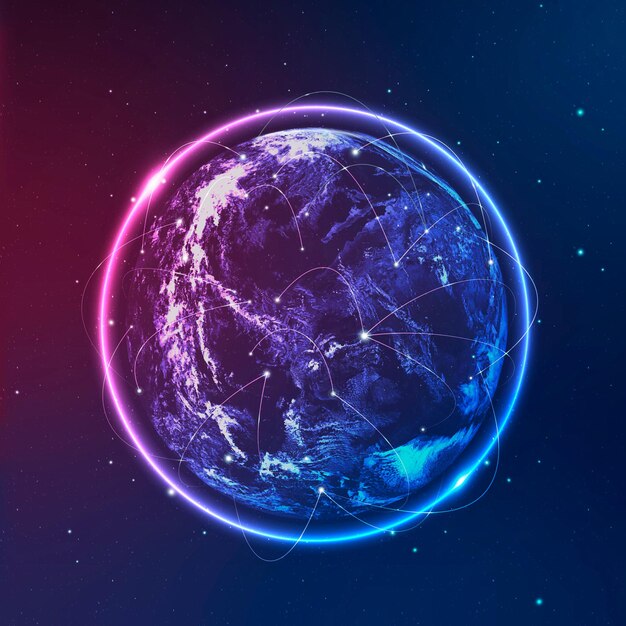 Global network technology icon in neon on gradient background