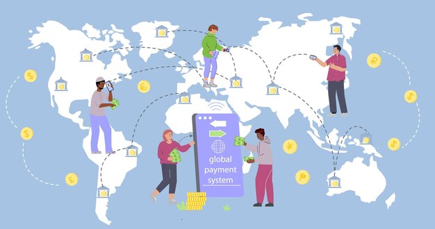Global payment system flat infographics with people living in different countries making international payments vector illustration