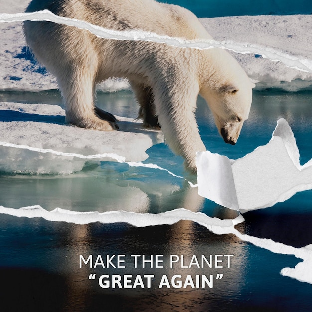 Free vector global warming awareness template with ripped polar bear background