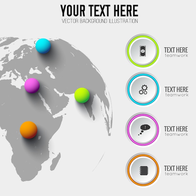 Глобальный веб-инфографический шаблон с серыми кругами бизнес-значками и красочными шарами на карте мира