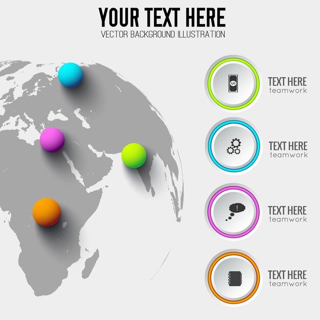 Global web infographic template with gray circles business icons and colorful balls on world map