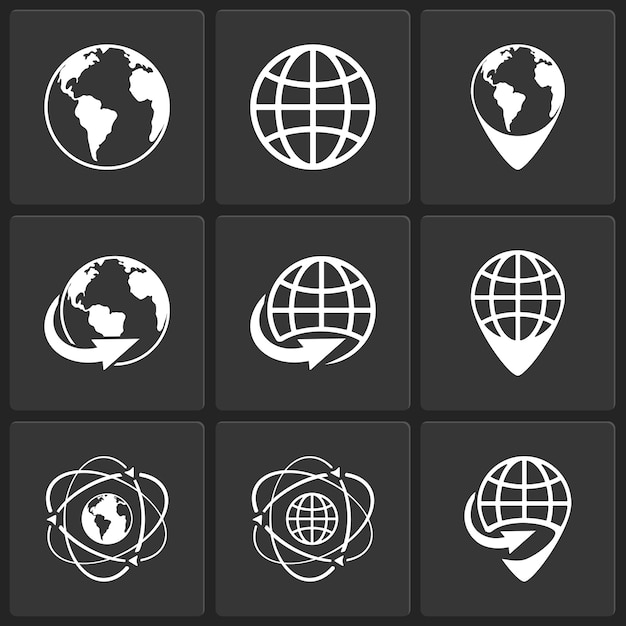 globe earth world icons vector white on black