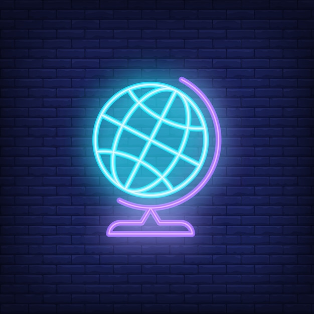 Globe neon sign. blue globe on stand. night bright advertisement.
