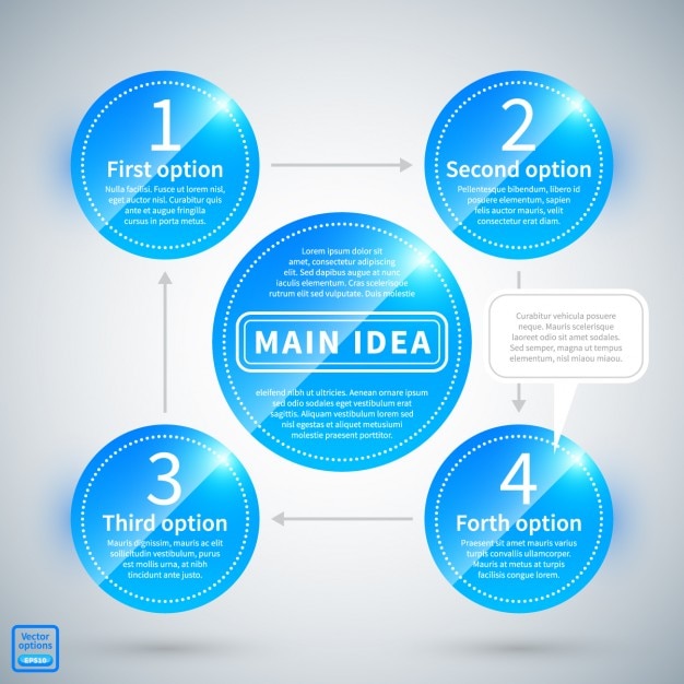 Glossy blue infographic with circles for options