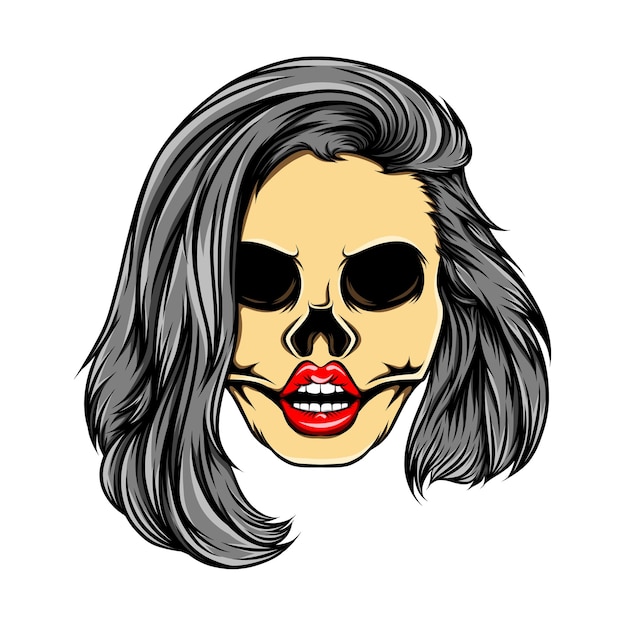 The glossy coloured women skull with the stacked bob hair mode of illustration Premium Vector