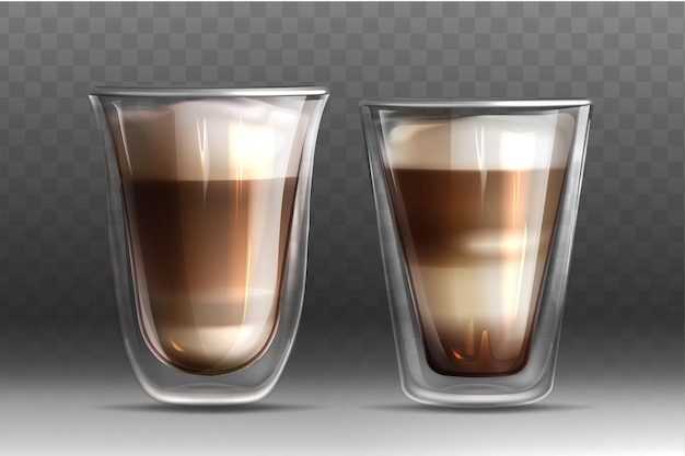 Glossy glass cups with double wall full of hot coffee drink. Realistic cappuccino or latte with milk and foam isolated on transparent background. Template for advertising, branding or product design.