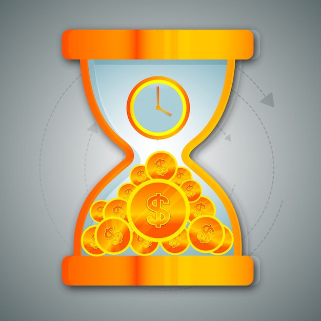 Glossy hourglass with clock and dollar coins for business, time is money concept.