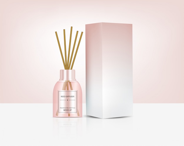 Download Premium Vector Glossy Transparent Reed Diffuser Bottle With Perfume Oil Product Branding Advertising With Pastel Colour Box Relax Merchandise Background Illustration
