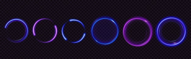 Glow circles with sparkles, magic light effect. realistic set of blue and purple shiny rings and swirls, round frames of flare trail with glitter dust isolated on transparent background