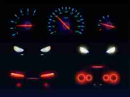 Free vector glowing in darkness blue, red and white light, car front, back headlights, speedometer and tachometer scales, battery, fuel or oil level indicators 3d realistic vector set