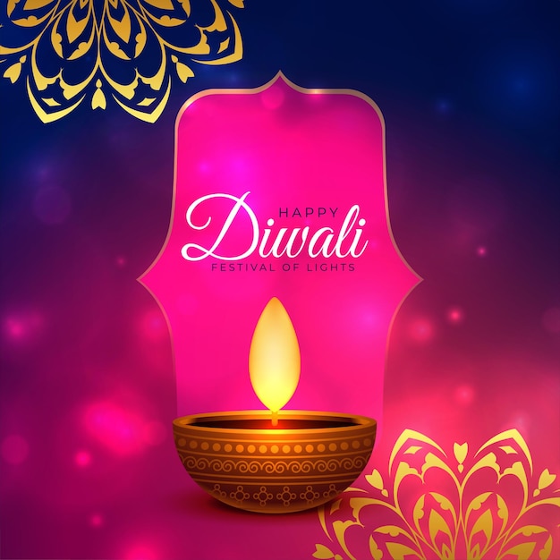 Banner luminoso per auguri di diwali con diya realistico