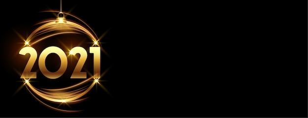 Free vector glowing golden happy new year 2021 bauble on black banner