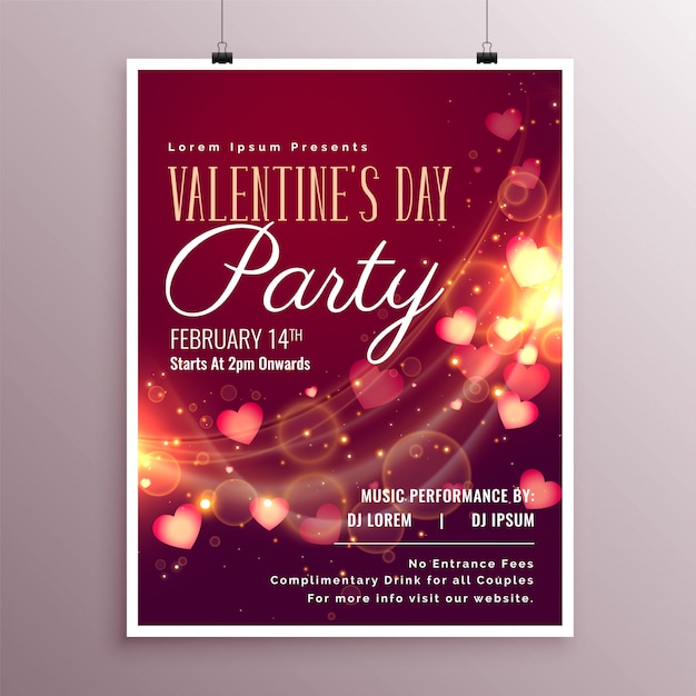 Glowing hearts flyer template for valentines day