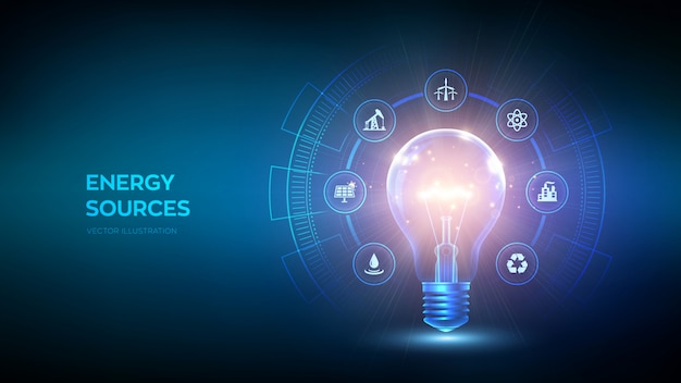 Glowing light bulb with energy resources icon. electricity and energy saving concept. energy sources.