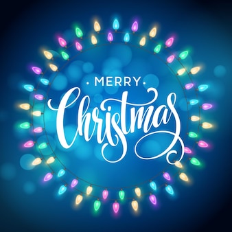 Glowing lights wreath for xmas holiday greeting cards design. merry christmas lettering label. vector illustration eps10