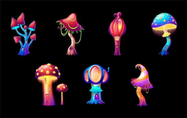 Free vector glowing magic mushroom houses with little doors and windows for fantasy creatures cartoon set on black background isolated vector illustration