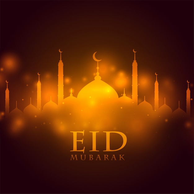 Free vector glowing mosque eid mubarak festival greeting background