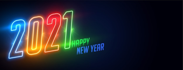 Glowing neon 2021 happy new year shiny banner design